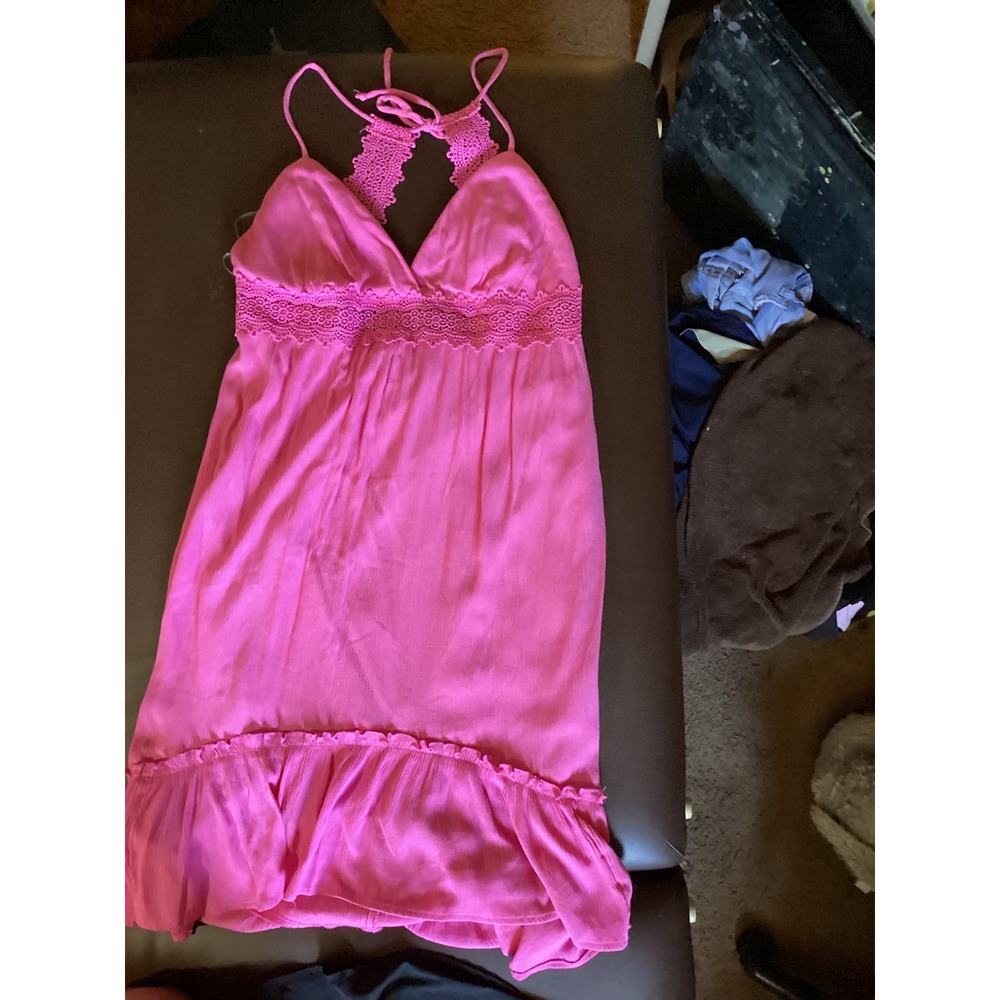 No Boundaries Hot Pink Crochet Lace Halter Mini Dress Ruffle Hem Womens Large L